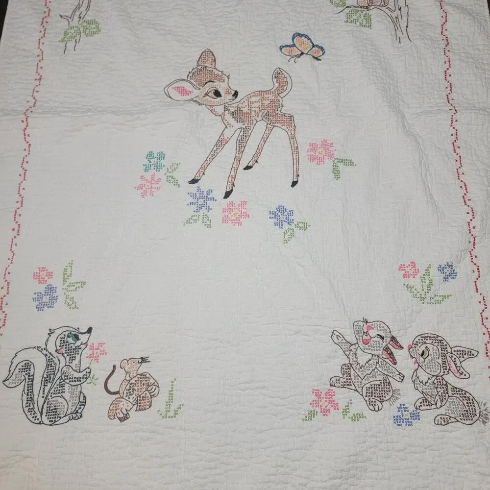 VINTAGE 1970's Disney Bambi Needle Point Throw 34